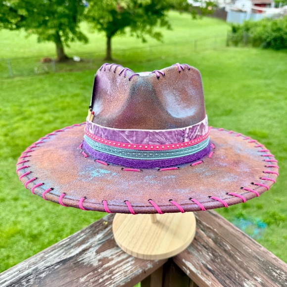 Hand Burned Distressed Rancher Hat with Aztec Cotton Candy Genuine Leather - Picture 2 of 6